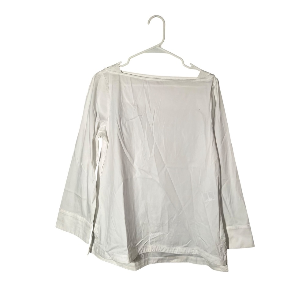 Chico's Womens Size 8/10 Boatneck Poplin Top 3/4 Sleeve White Semi-Sheer Stretch